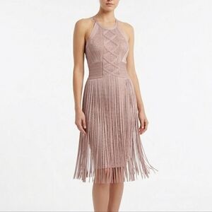 Fringe Bandage Halter Dress Size XS Nevada Love Nude Beige Bodycon Flapper Gala